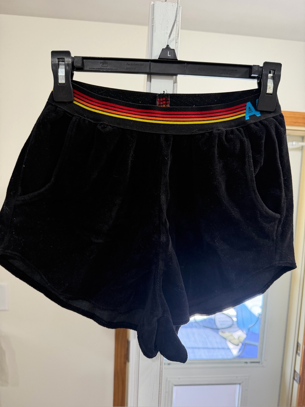 Aviator Nation Black Velour Shorts with Red, Orange & Yellow Waistband